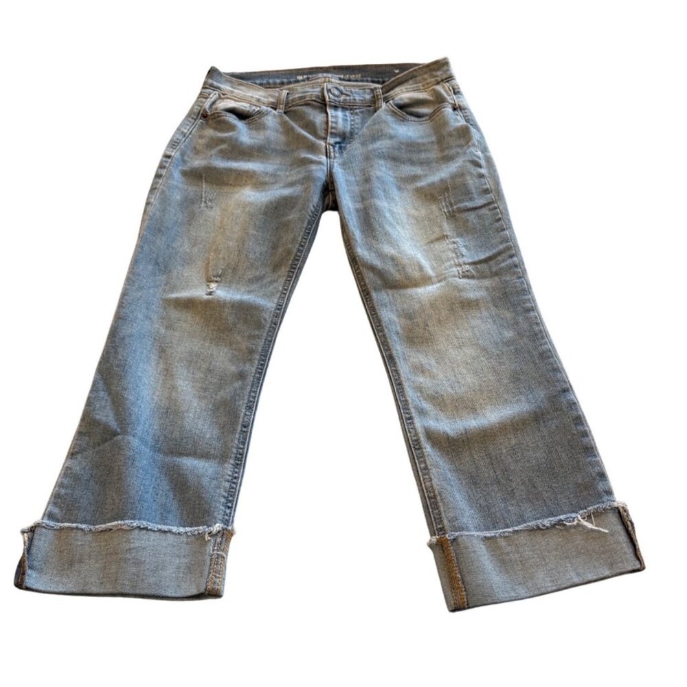 Old Navy Womens Light Wash Cropped Flare Jeans Size 6 Mid-Rise Distressed Hem Co